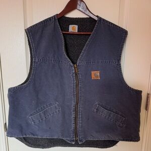 Carhartt Men's XL Regular Vest Navy Blue Canvas, Sherpa Lining, Zip Up